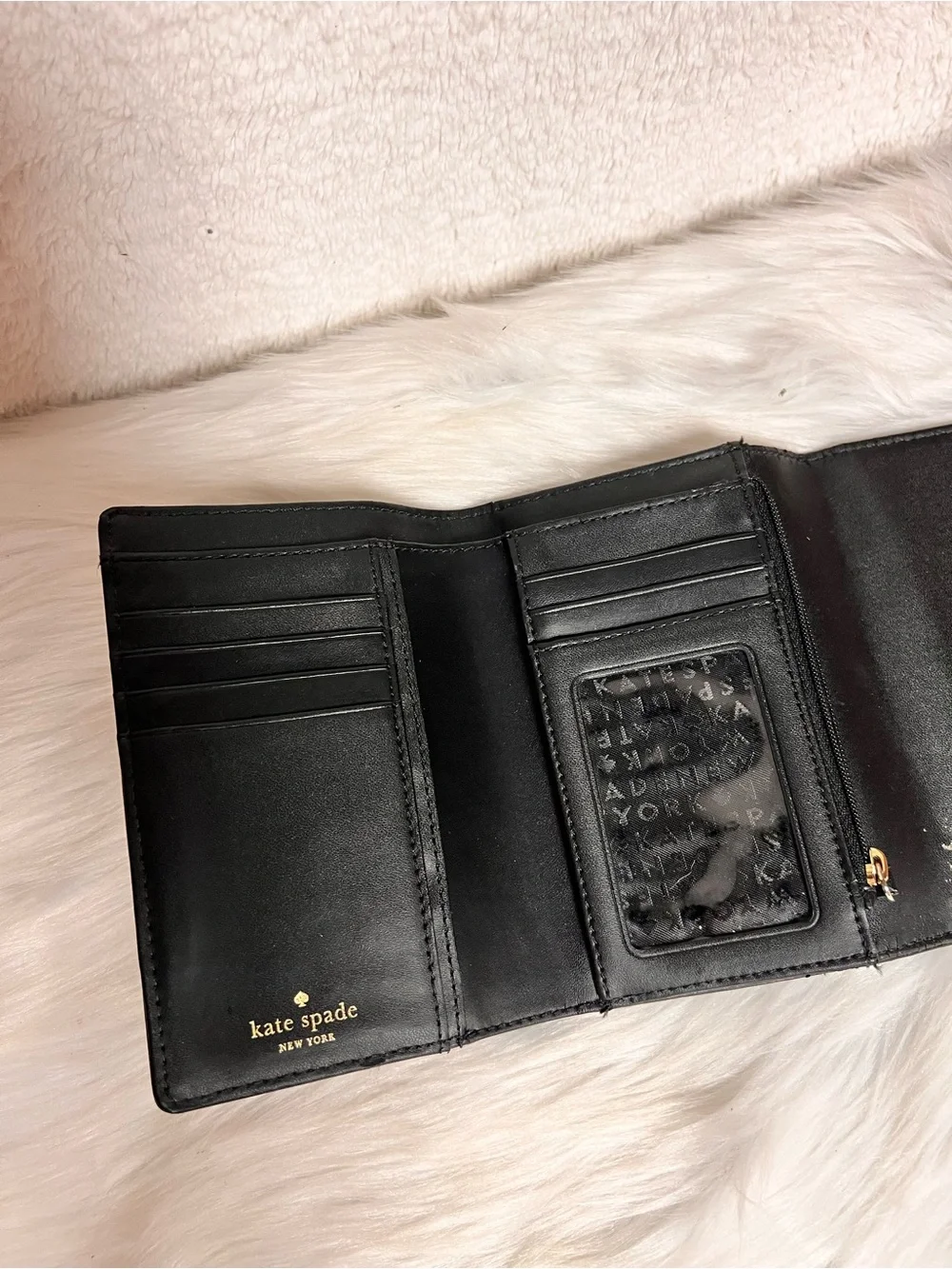 kate spade Black Leather Wallet with Gold Bar Accent